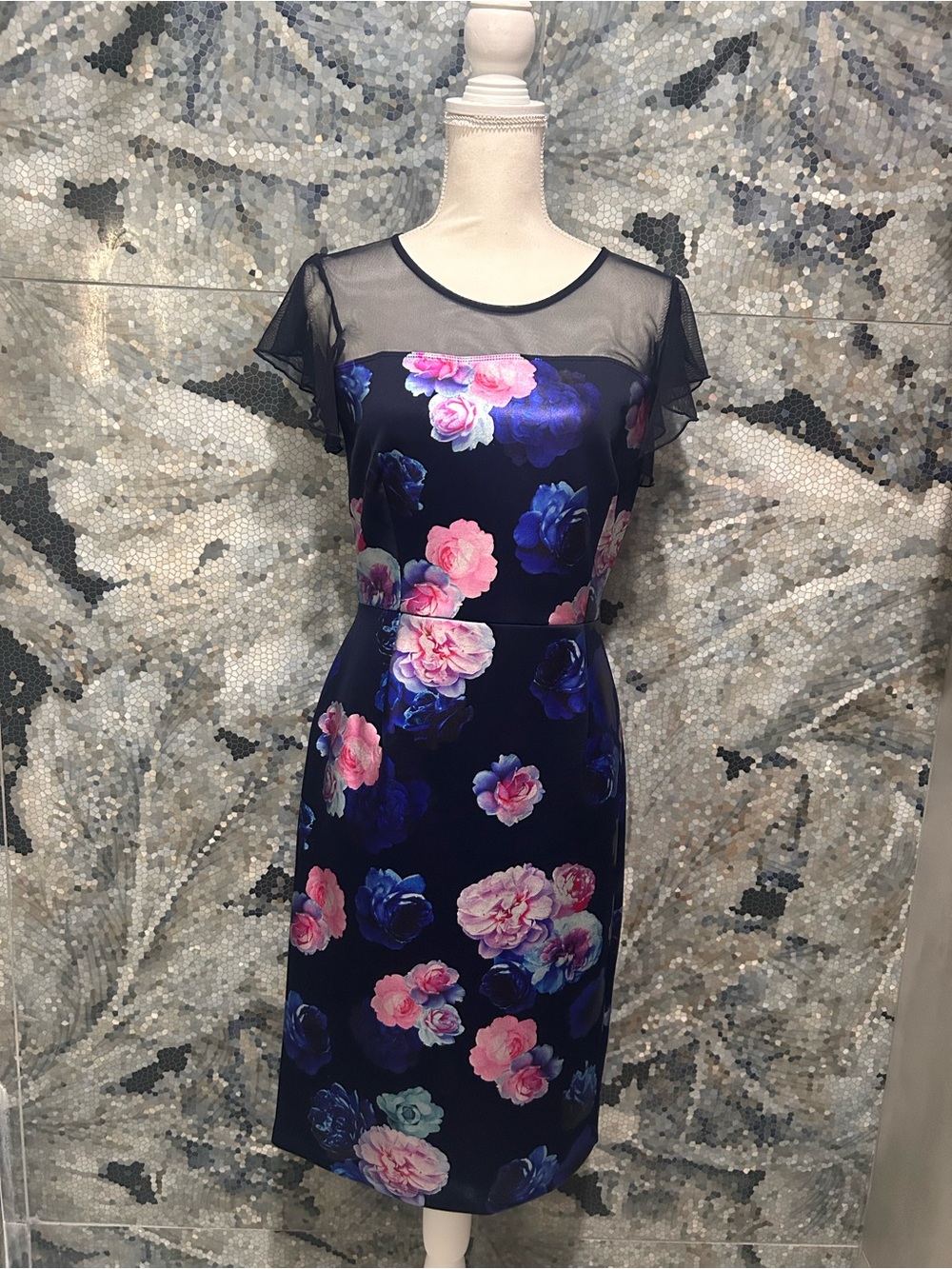 Enfocus Studio Navy Floral Midi Dress with Sheer Yoke